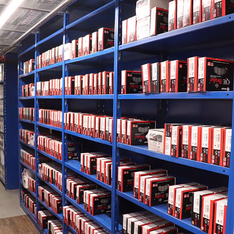 Blue Interlok industrial shelving used for automotive parts storage